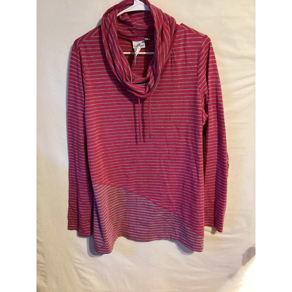2440 Kim Rogers Women’s Cowl Neck Top Shirt Size Large Pink/Gray Striped